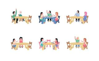 Kindergarten children sitting at table flat color vector faceless characters set