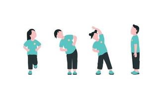 Kindergarten children exercising flat color vector faceless characters set