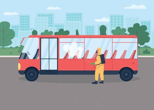 Public transport disinfection flat color vector illustration