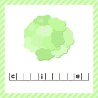 Vegetable. Cauliflower. Educational logic worksheet for preschool and school age. Guess the word. vector