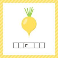Vegetable. Turnip. Educational logic worksheet for preschool and school age. Guess the word. vector