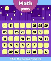 Vector illustration. Math game for preschool and school age children. Fill the missing numbers. Find a sequence.