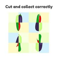 vector illustration. puzzle game for preschool and school age children. cut and collect correctly. vegetables, cucumber, zucchini, chili pepper, eggplant