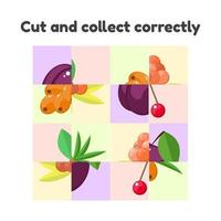 vector illustration. puzzle game for preschool and school age children. cut and collect correctly. berries, cloudberry, plum, sea buckthorn, cherry