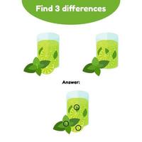 Vector illustration. Puzzle game for preschool children. Find 3 differences. With the answer. lemonade with lime, mint