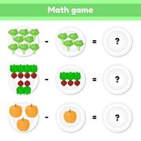 vector illustration. Educational a mathematical game. Logic task for children. subtraction. Vegetables. Broccoli, beets, pumpkin