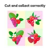 vector illustration. puzzle game for preschool and school age children. cut and collect correctly. berries, raspberries, cranberries, strawberries