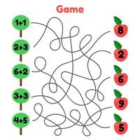 vector illustration. math game for children of school and preschool age. labyrinth. Solve the examples. Complicated road. Trees and apples.