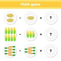 vector illustration. Educational a mathematical game. Logic task for children. subtraction. Vegetables. Potatoes, corn, carrots