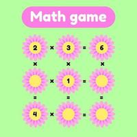 Vector illustration. Math game for preschool and school age children. Count and insert the correct numbers. Multiplication. Glade with pink flowers.