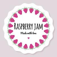 Vector illustration. Label for berry jam. Round frame of Raspberry