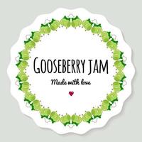 Vector illustration. Label for berry jam. Round frame of gooseberry