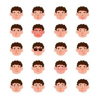 Vector modern set with cute illustrations of boys with different emotions. Use it as element for design greeting card, poster, chat messenger cartoon emotes, Social Media post, children game design