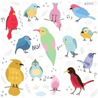 Vector colorful set with illustrations of cute birds isolated on white background. Can be used as elemets for your design for greeting cards, nursery, poster, card, birthday party, packaging paper design, baby t-shirts prints