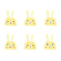 Vector modern set with cute illustrations of bunnies with different emotions. Use it as element for design greeting card, poster, chat messenger cartoon emotes, Social Media post, children game design