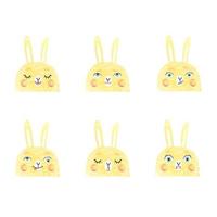 Vector modern set with cute illustrations of bunnies with different emotions. Use it as element for design greeting card, poster, chat messenger cartoon emotes, Social Media post, children game design