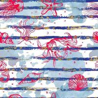 Seamless pattern with watercolor stripes and ocean nature. Sea life background. Vector illustration.