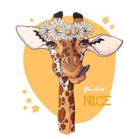 Vector sketching illustrations. Portrait of giraffe with a wreath of daisies.