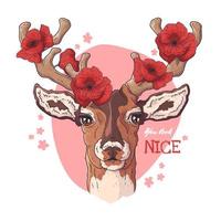 Vector sketching illustrations. Portrait of deer with poppies.