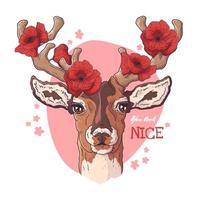 Vector sketching illustrations. Portrait of deer with poppies.