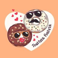 Vector hand drawn donuts with funny masks on card for valentines day.