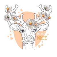 Vector sketching illustrations. Portrait of deer with daisies.