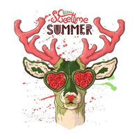 Vector hand drawn illustrations. Portrait of deer under the effect of watermelon.