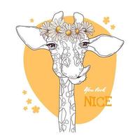 Vector sketching illustrations. Portrait of giraffe with a wreath of daisies.