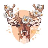 Vector sketching illustrations. Portrait of deer with daisies.