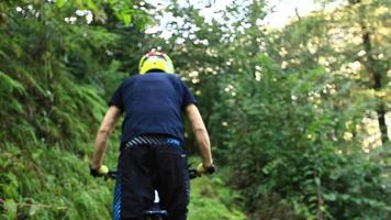 carrellata di un uomo in mountain bike in una foresta.