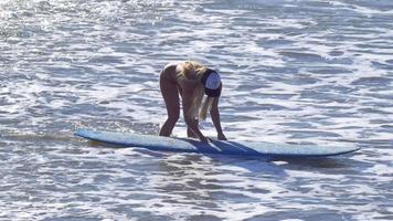 une jeune femme en bikini marchant avec sa planche de surf longboard. video
