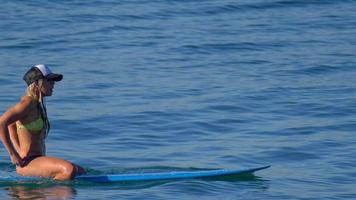 uma jovem de biquíni sentada em sua prancha de surf longboard. video