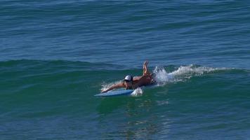 une jeune femme surf en bikini sur une planche de surf longboard. video