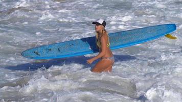 une jeune femme en bikini marchant avec sa planche de surf longboard. video