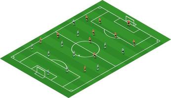 isometric soccer field illustration with players vector