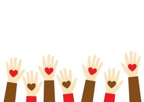 Stop racism icon. Black lives matter concept. Hearts in the hands.  Template for background, banner, poster with text. Hands holding a heart, give and share love to people concept vector