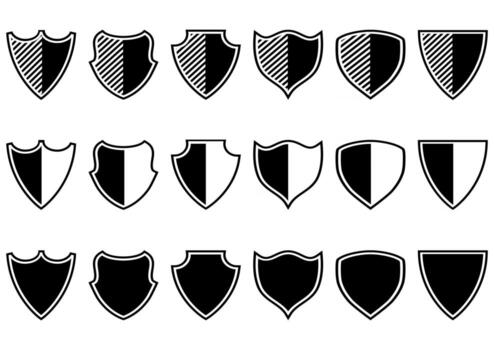 Collection of vector shield in different forms. Protection symbol. Security icons. Shield icons in flat style isolated on white background. 170x170 pixel pictogram. Vector
