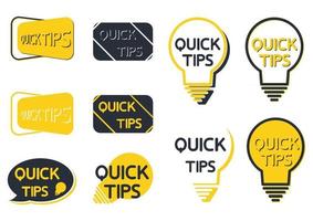 Quick tip icon set. Yellow lightbulb icons with quick tips text inside. Lamp of advice idea quickly solutions advices trick mark. Helpful tricks. Helpful idea or solution. Vector