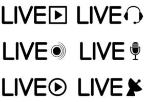 Live broadcasting icon. Set of live streaming icons. Black symbols for streaming, record, online stream. Set of broadcast buttons, with headphones and microphone. Vector