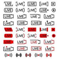 Live broadcating icon. Set of live streaming icons. Black and red symbols for streaming, record, online stream. Editable stroke. Set of broadcast buttons. Vector