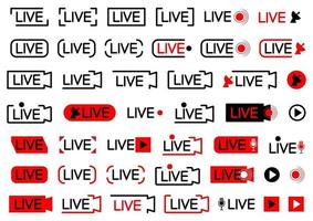 Live broadcating icon. Set of live streaming icons. Black and red symbols for streaming, record, online stream, show. Set of broadcast buttons, in flat style, isolated on white background vector