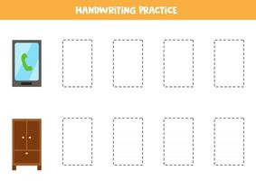 Trace contours of cute rectangle objects. Writing practice. vector