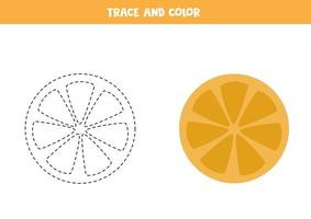 Trace and color orange slice. Worksheet for kids. vector