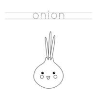 Tracing letters with cute kawaii onion. Writing practice for kids. vector