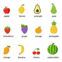 Set of colorful fruits and berries with names. Vector illustrations.