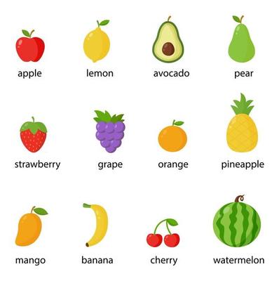 Cute cartoon fruits with names. Flash cards for children. 2848035