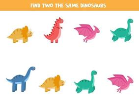 Find two identical dinosaurs. Educational game for preschool children. vector