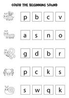 Learning English language for children. Color the beginning sound. vector