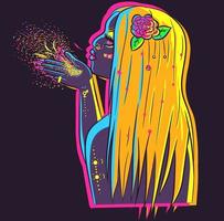 vector de una mujer bajo luces de neón con una rosa en el pelo. Arte de la ilustración de una joven rubia soplando brillos y confeti. concepto de fiesta y celebración de una dama con piel resplandeciente.