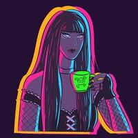 Vector art of a young girl under neon lights in gothic clothes drinking a cup of tea. Cartoon illustration of a grunge woman relaxing and holding a mug with coffee